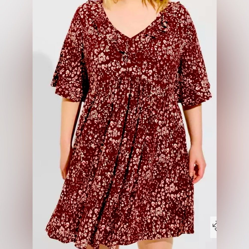 Mini Rayon Slub Ruffle Neckline Dress